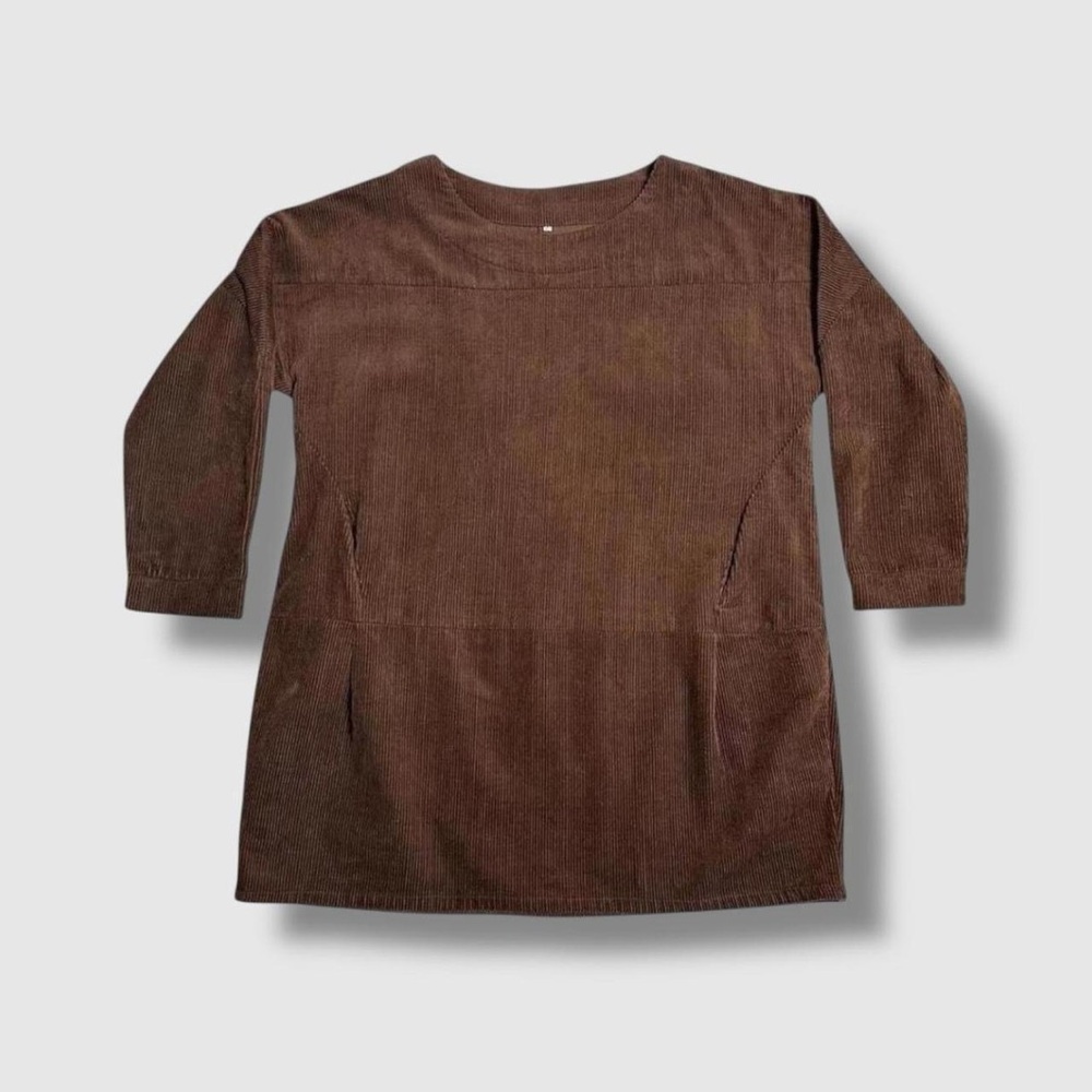 Brown 100% cotton corduroy long sleeve mini shift dress XXL Retro Mod Cozy